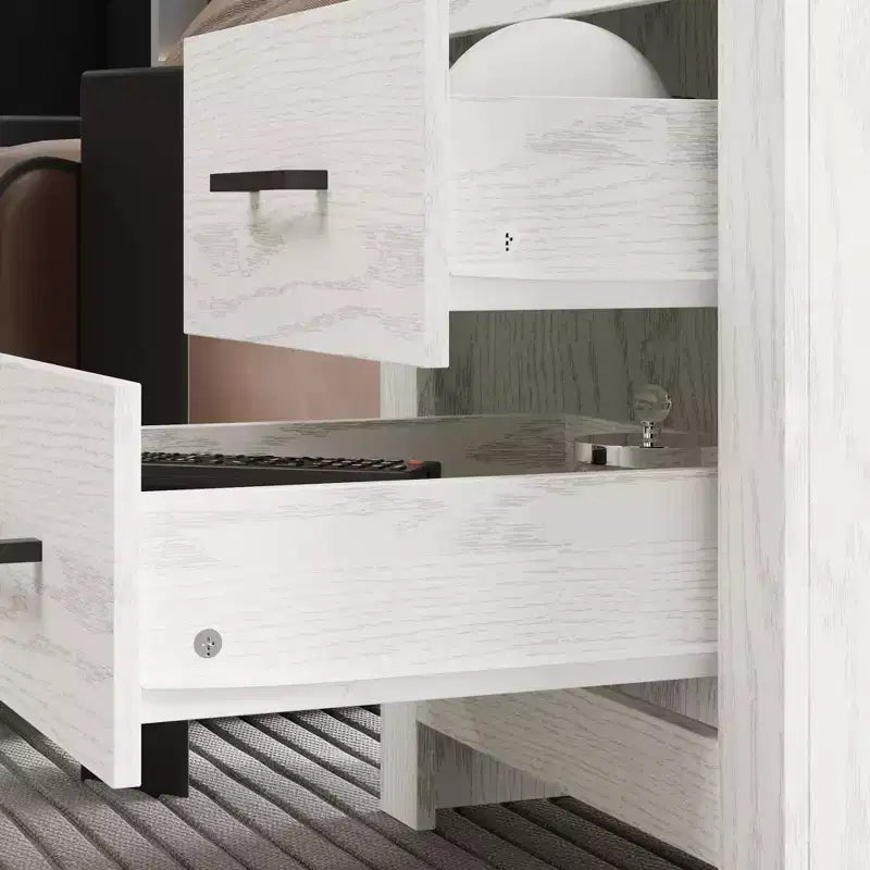 Comodino a due cassetti con venature del legno, armadietto verticale, tavolino da notte
