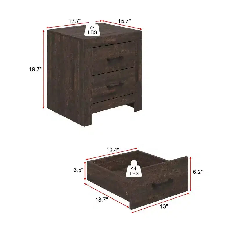 Comodino a due cassetti con venature del legno, armadietto verticale, tavolino da notte