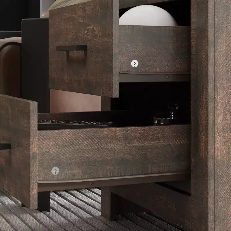 Comodino a due cassetti con venature del legno, armadietto verticale, tavolino da notte