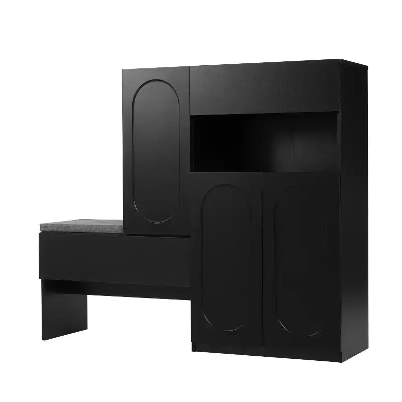 Panca contenitore 51W scarpiera mobiletto portascarpe organizzatore con cuscino, ripiani regolabili, ante ad arco e dispositivi di rimbalzo, bianco/nero