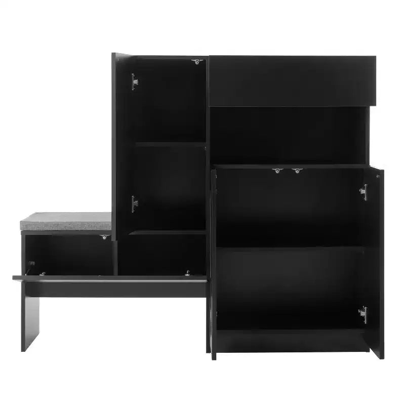 Panca contenitore 51W scarpiera mobiletto portascarpe organizzatore con cuscino, ripiani regolabili, ante ad arco e dispositivi di rimbalzo, bianco/nero