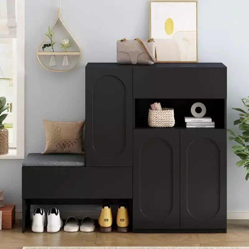 Panca contenitore 51W scarpiera mobiletto portascarpe organizzatore con cuscino, ripiani regolabili, ante ad arco e dispositivi di rimbalzo, bianco/nero