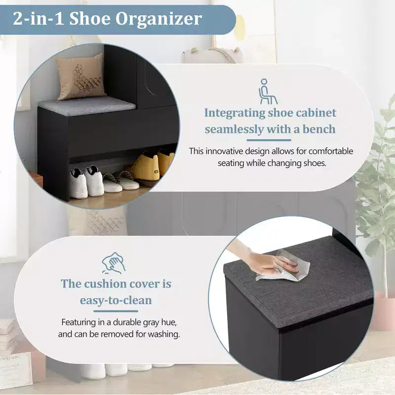 Panca contenitore 51W scarpiera mobiletto portascarpe organizzatore con cuscino, ripiani regolabili, ante ad arco e dispositivi di rimbalzo, bianco/nero