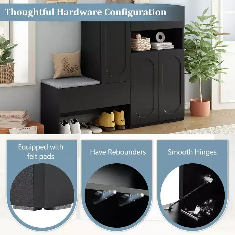 Panca contenitore 51W scarpiera mobiletto portascarpe organizzatore con cuscino, ripiani regolabili, ante ad arco e dispositivi di rimbalzo, bianco/nero