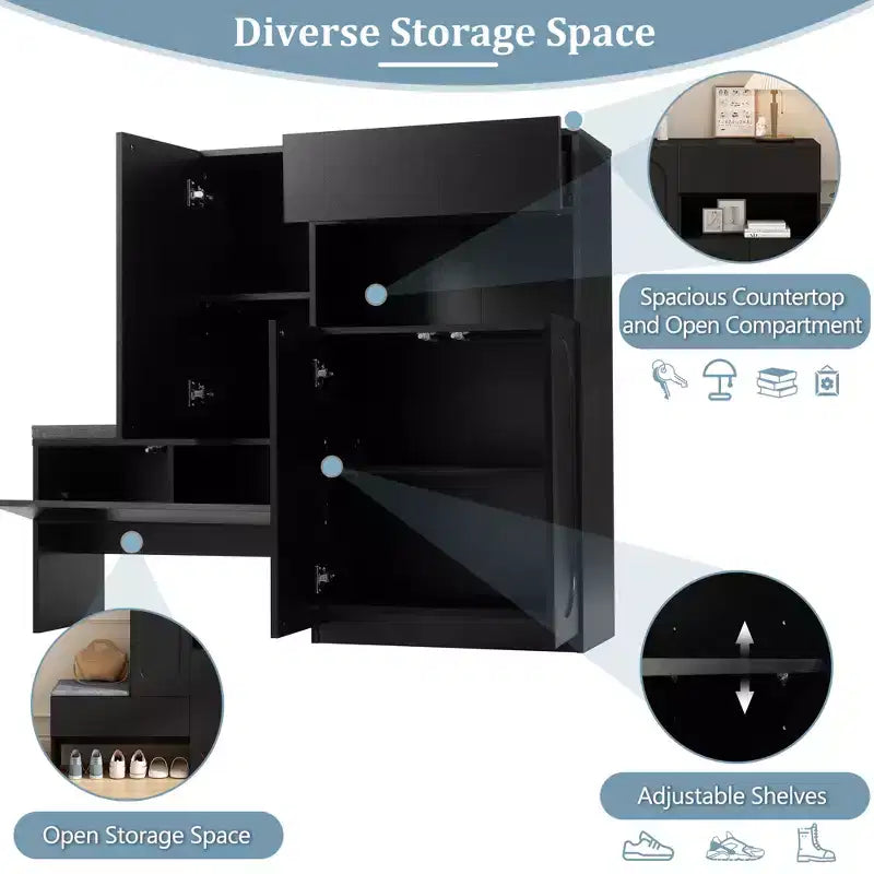 Panca contenitore 51W scarpiera mobiletto portascarpe organizzatore con cuscino, ripiani regolabili, ante ad arco e dispositivi di rimbalzo, bianco/nero