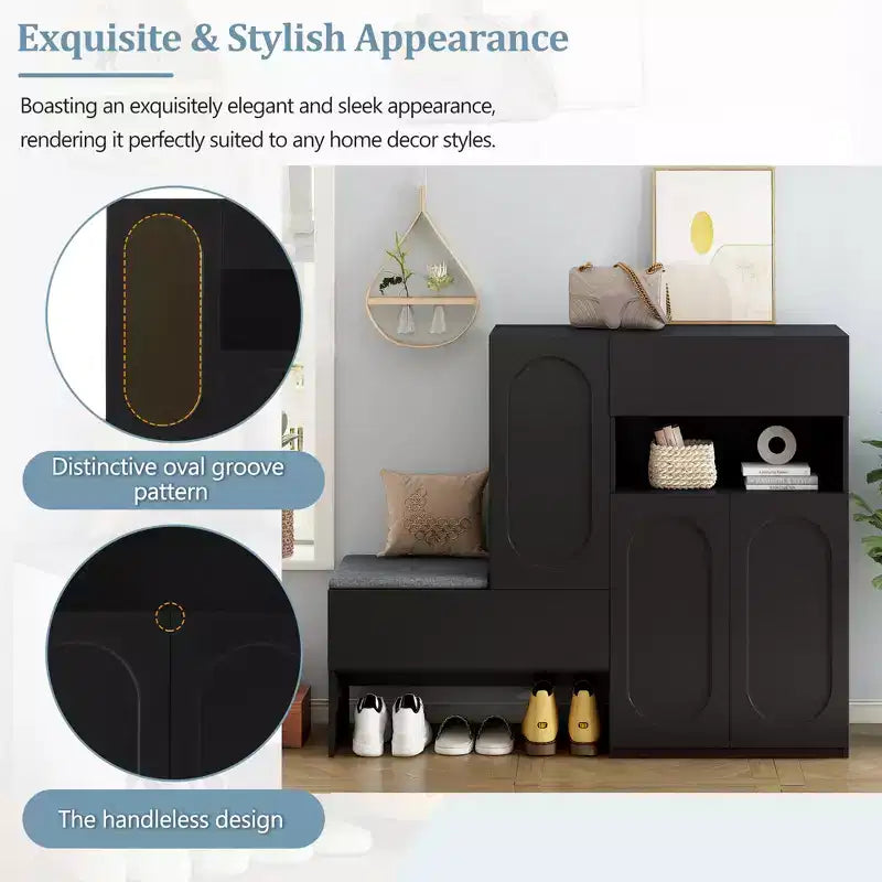 Panca contenitore 51W scarpiera mobiletto portascarpe organizzatore con cuscino, ripiani regolabili, ante ad arco e dispositivi di rimbalzo, bianco/nero