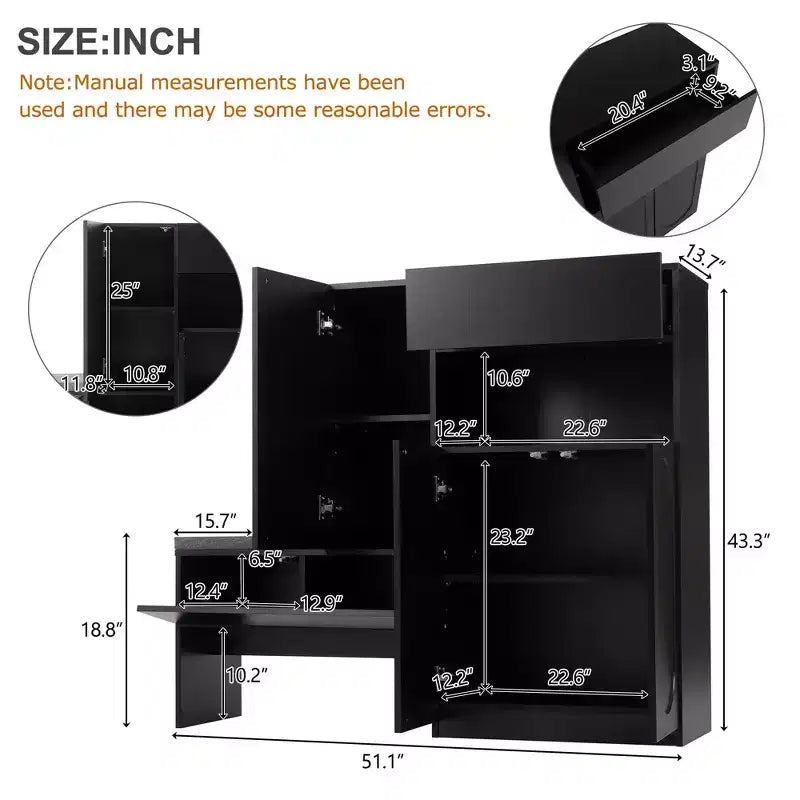 Panca contenitore 51W scarpiera mobiletto portascarpe organizzatore con cuscino, ripiani regolabili, ante ad arco e dispositivi di rimbalzo, bianco/nero