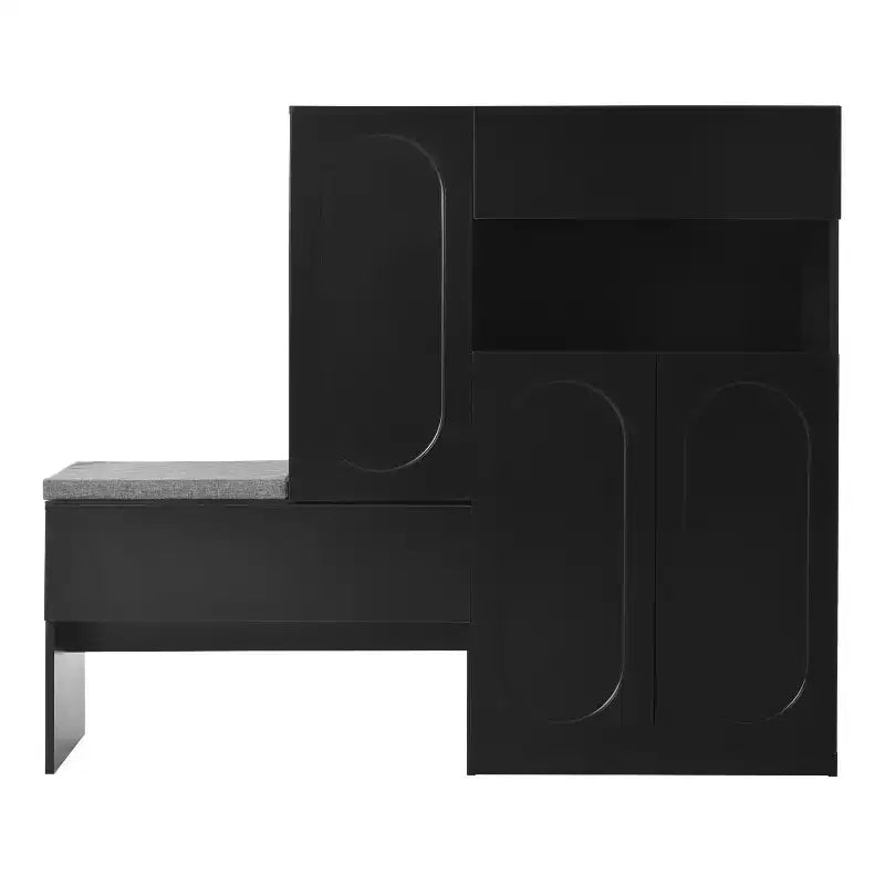 Panca contenitore 51W scarpiera mobiletto portascarpe organizzatore con cuscino, ripiani regolabili, ante ad arco e dispositivi di rimbalzo, bianco/nero