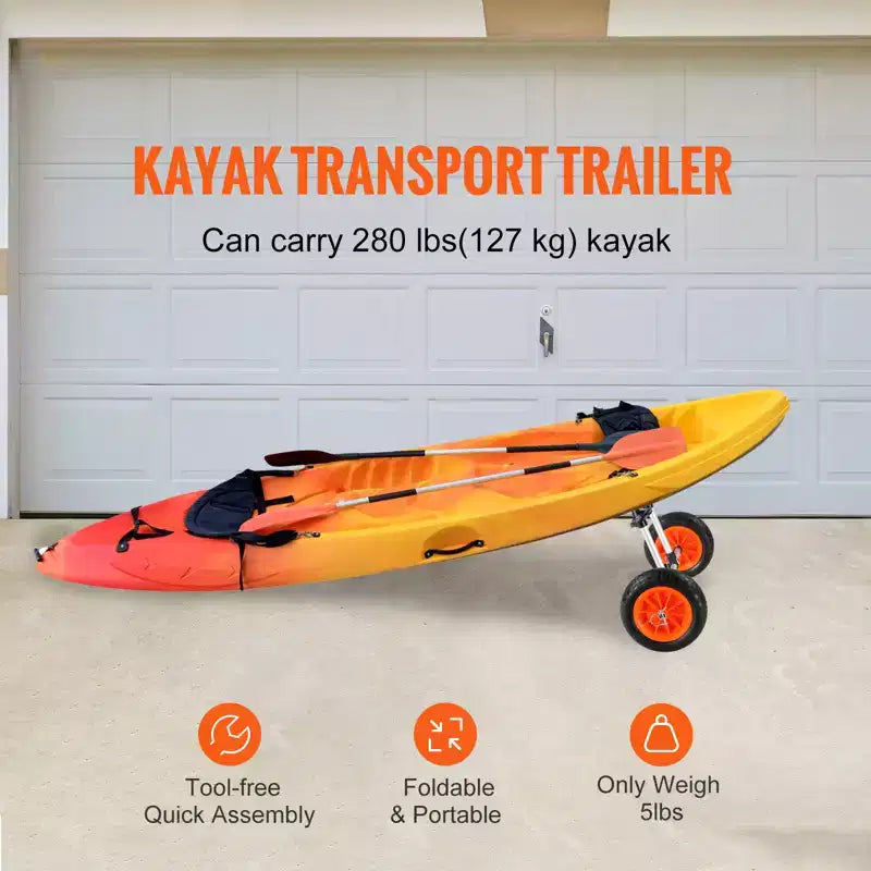 Carrello da trasporto per kayak resistente, capacità di carico 127 kg, carrello smontabile per canoa con ruote piene da 10", larghezza regolabile e protezione superiore in schiuma