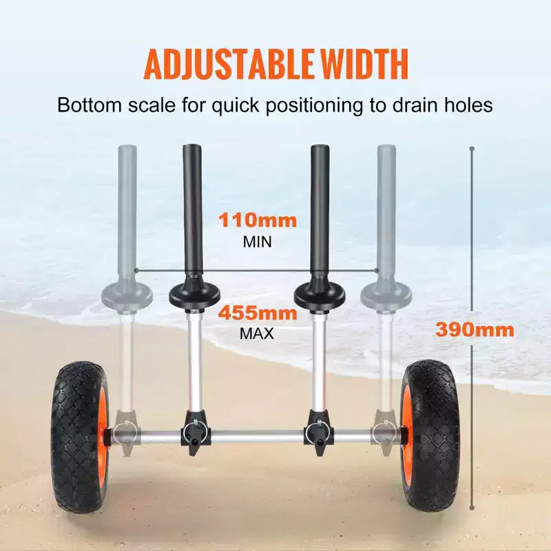 Carrello da trasporto per kayak resistente, capacità di carico 127 kg, carrello smontabile per canoa con ruote piene da 10", larghezza regolabile e protezione superiore in schiuma