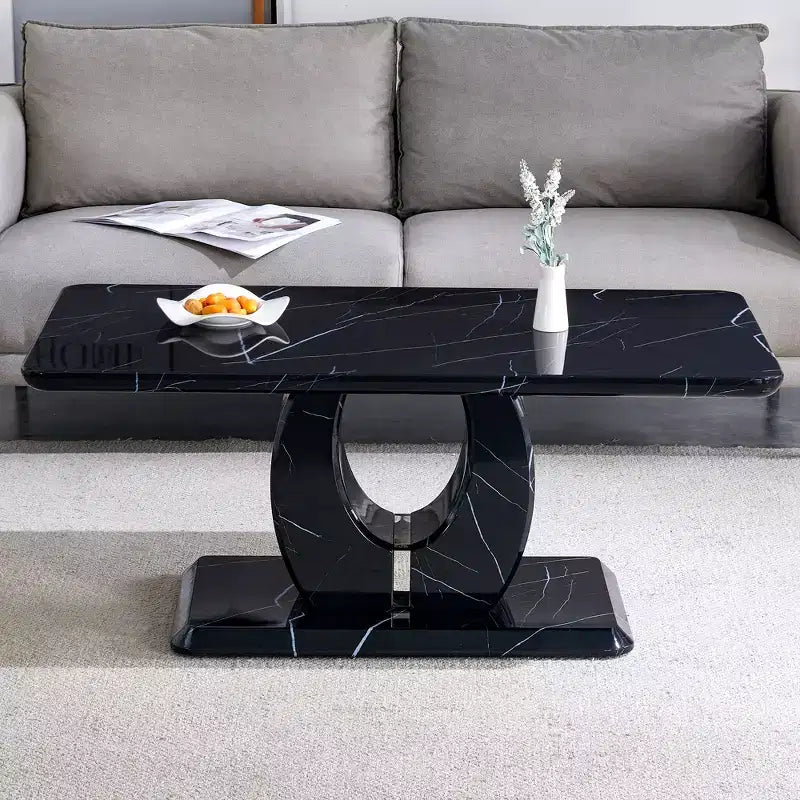 Tavolino da salotto 43W, motivo marmo/texture legno, minimalista, bianco/nero/noce