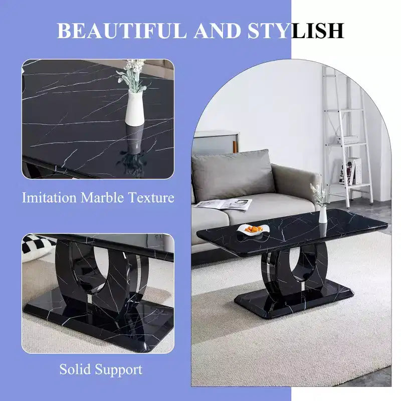 Tavolino da salotto 43W, motivo marmo/texture legno, minimalista, bianco/nero/noce