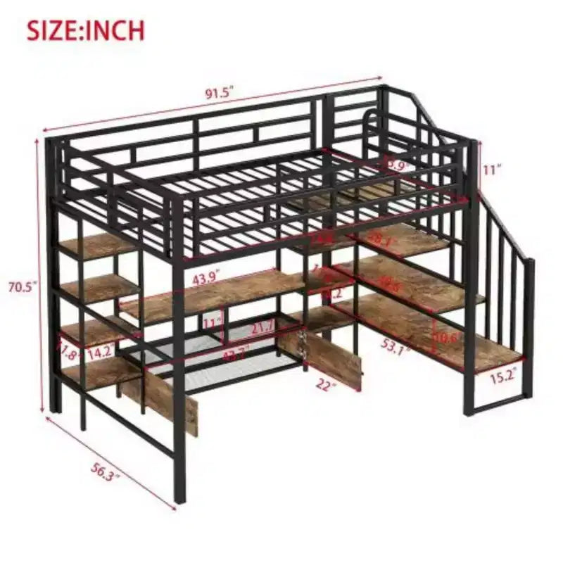 Letto a soppalco in metallo full-size con scala, tavolino contenitore e mensole, nero