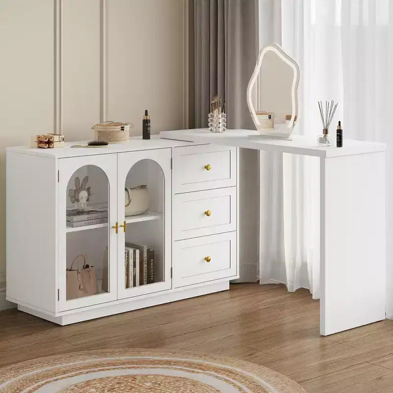 Tocador da trucco, tavolo da trucco angolare allungabile con 3 cassetti e 2 ante, moderna toeletta per la camera da letto
