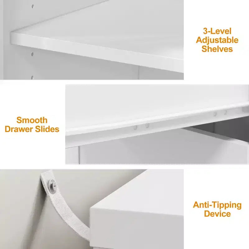Tocador da trucco, tavolo da trucco angolare allungabile con 3 cassetti e 2 ante, moderna toeletta per la camera da letto