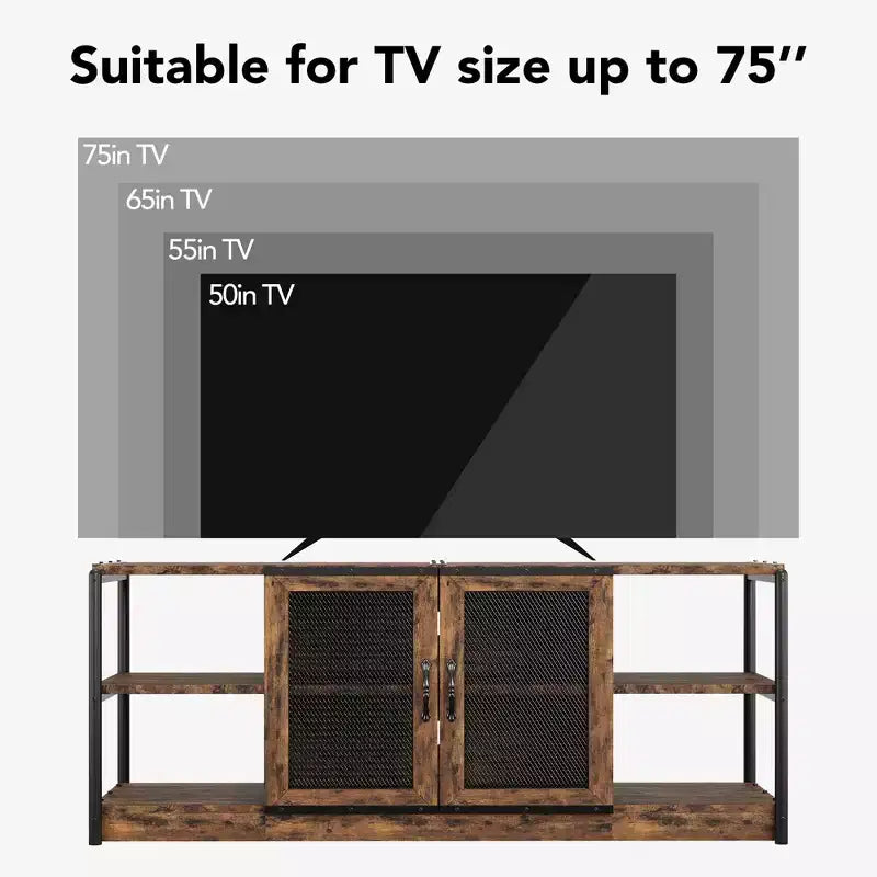Mobile porta TV in stile rustico per TV da 65/75 pollici, mobile TV con armadietto e ante a rete, tavolino mobile porta TV in stile industriale