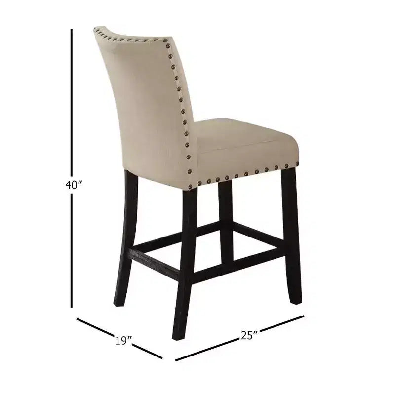 Set di 2 sgabelli da 25" da bancone e bar, lino beige/finitura rovere scuro anticato: seduta imbottita, borchie decorative, struttura in metallo