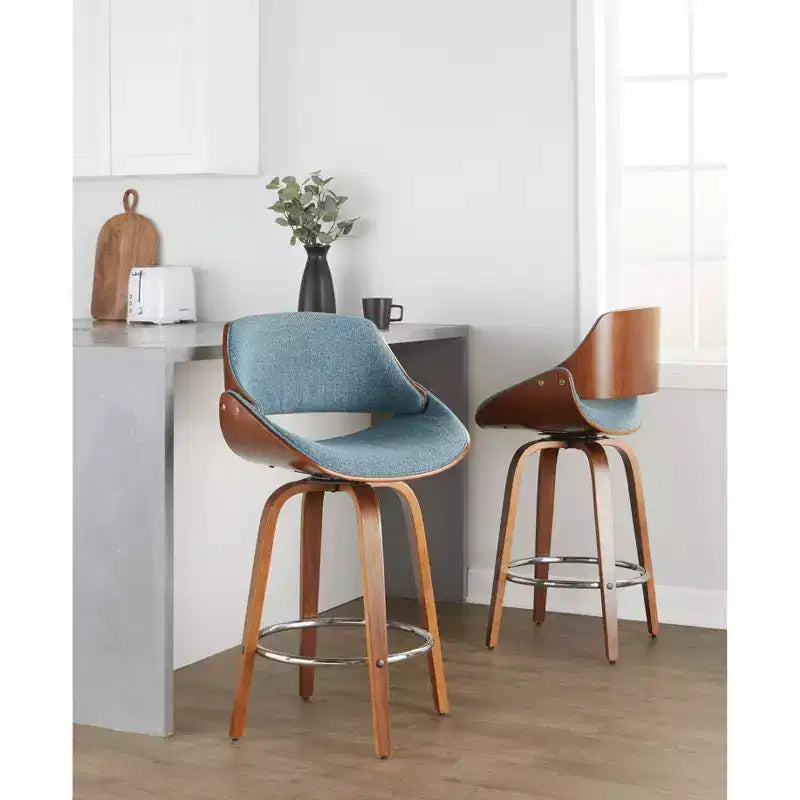 Set di 2 sgabelli da bar altezza bancone noce/blu: Girevoli imbottiti, Adatti per la cucina