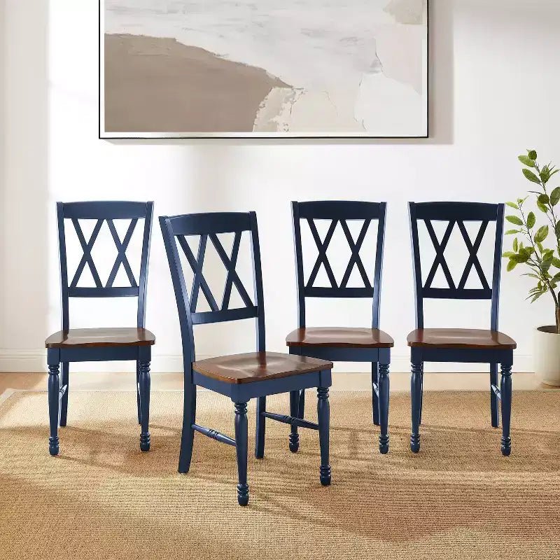 Set di 4 Sedie da Pranzo Blu Scuro: Design Tradizionale, Struttura in Legno di Gomma, Schienale a X