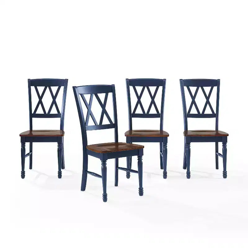 Set di 4 Sedie da Pranzo Blu Scuro: Design Tradizionale, Struttura in Legno di Gomma, Schienale a X