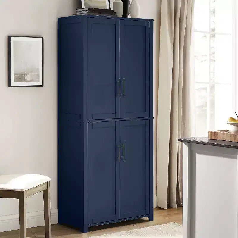 Dispensa da cucina alta 170 cm blu scuro: Design rustico tradizionale, impiallacciatura in legno, struttura in MDF, 3 ripiani regolabili