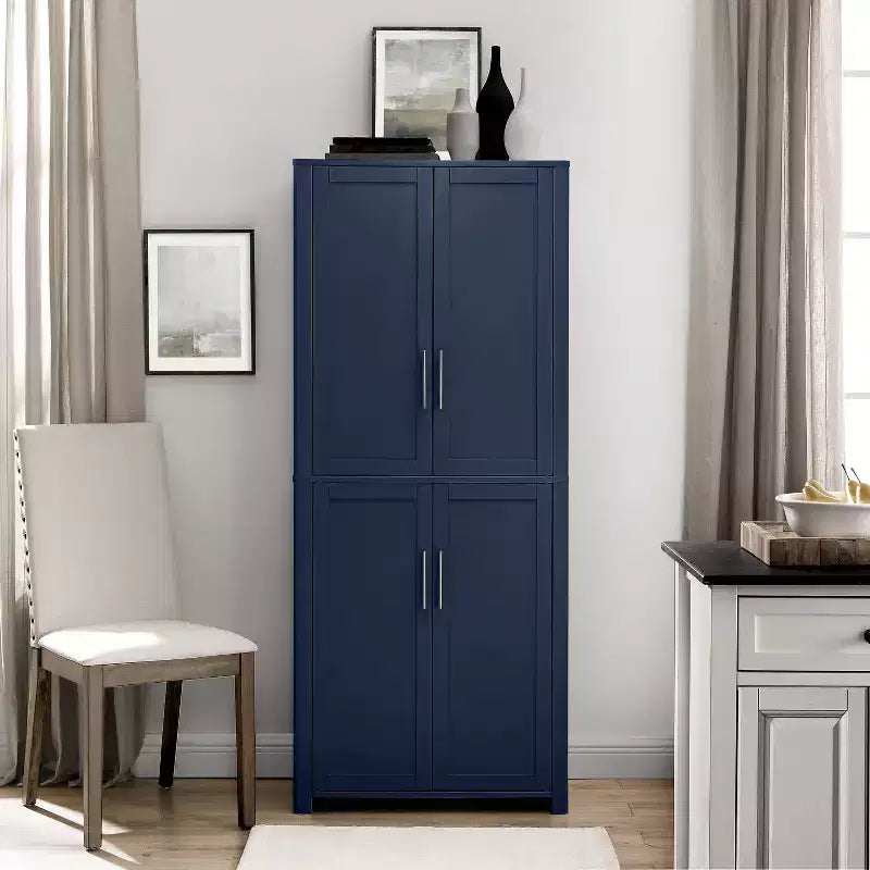 Dispensa da cucina alta 170 cm blu scuro: Design rustico tradizionale, impiallacciatura in legno, struttura in MDF, 3 ripiani regolabili