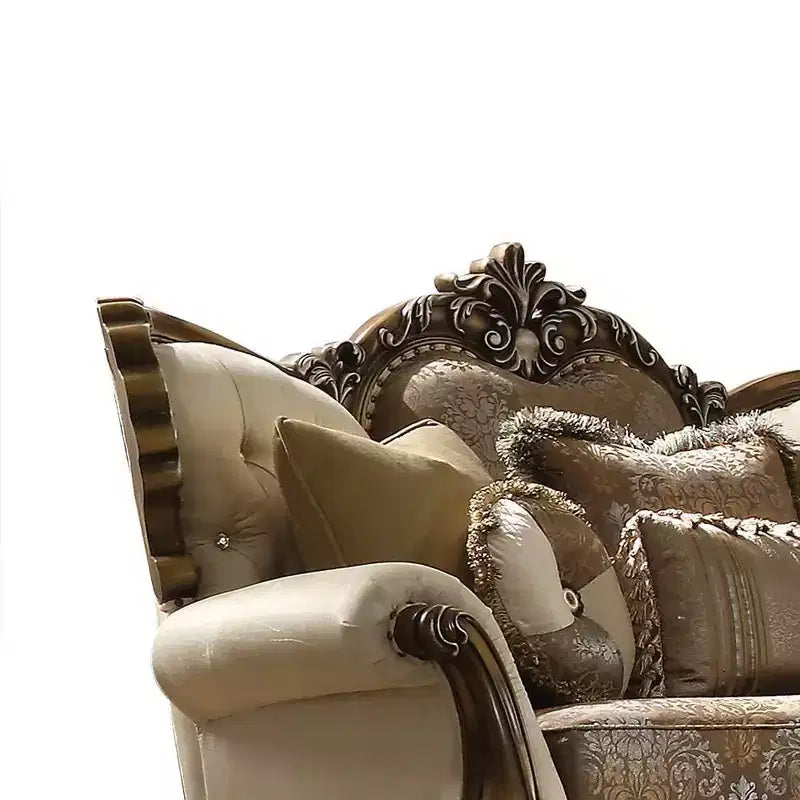 Divano 74" Tan, tessuto fantasia e finitura rovere anticato: divanetto imbottito tradizionale, design capitonné