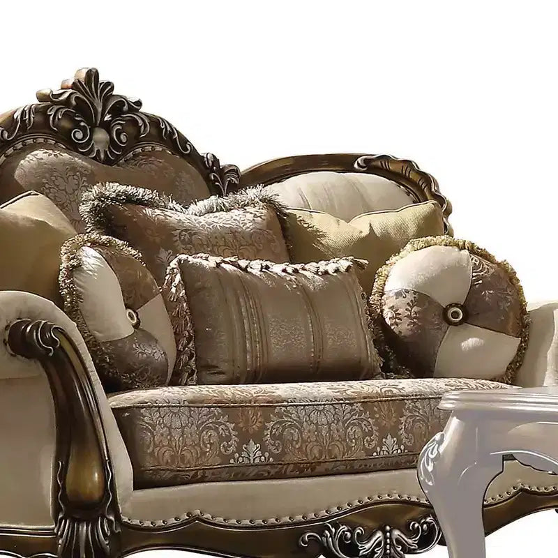 Divano 74" Tan, tessuto fantasia e finitura rovere anticato: divanetto imbottito tradizionale, design capitonné