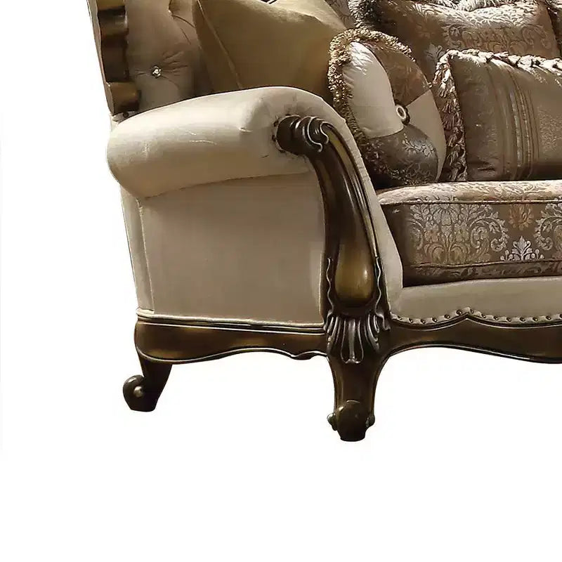 Divano 74" Tan, tessuto fantasia e finitura rovere anticato: divanetto imbottito tradizionale, design capitonné