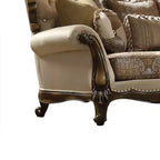 Divano 74" Tan, tessuto fantasia e finitura rovere anticato: divanetto imbottito tradizionale, design capitonné