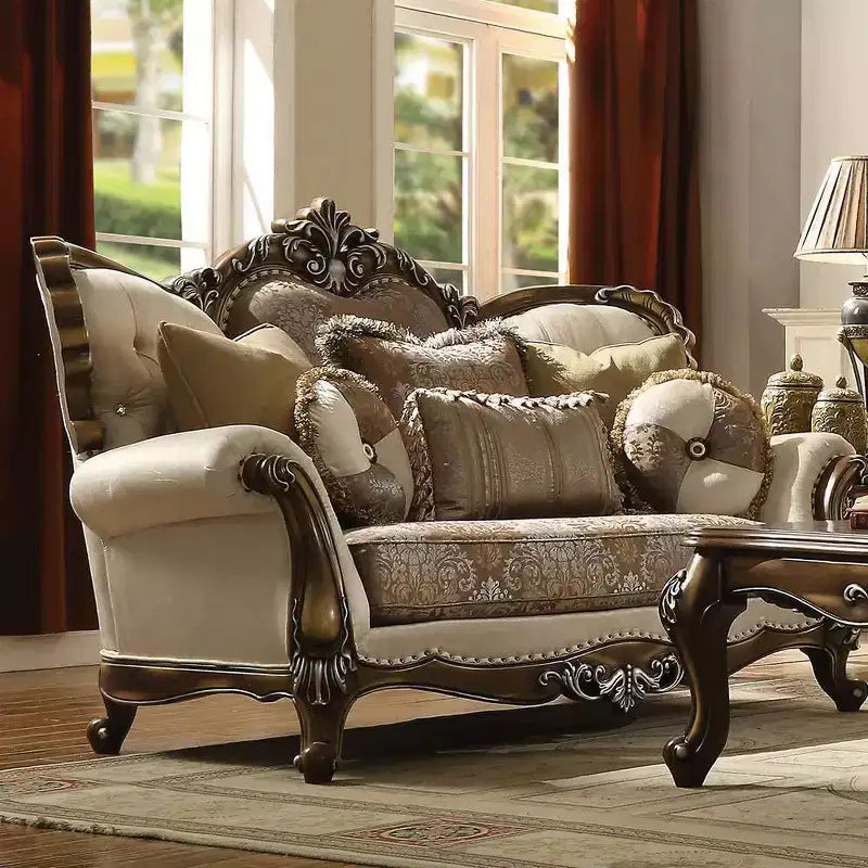 Divano 74" Tan, tessuto fantasia e finitura rovere anticato: divanetto imbottito tradizionale, design capitonné