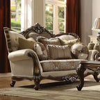 Divano 74" Tan, tessuto fantasia e finitura rovere anticato: divanetto imbottito tradizionale, design capitonné
