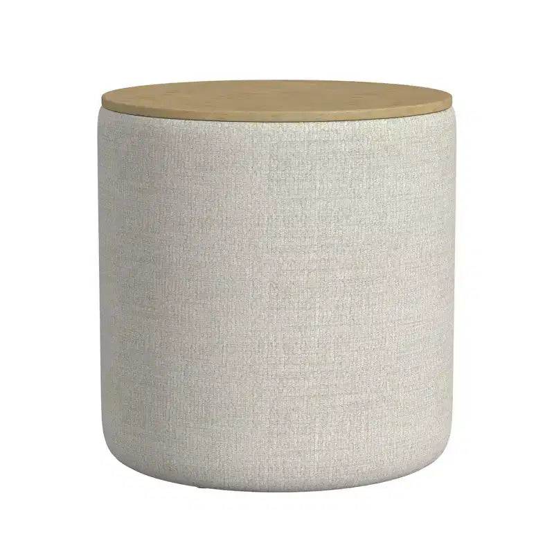 Pouf Contenitore con Piano in Legno Grigio Chiaro: Rivestito, Rotondo, Imbottito, Struttura in Legno
