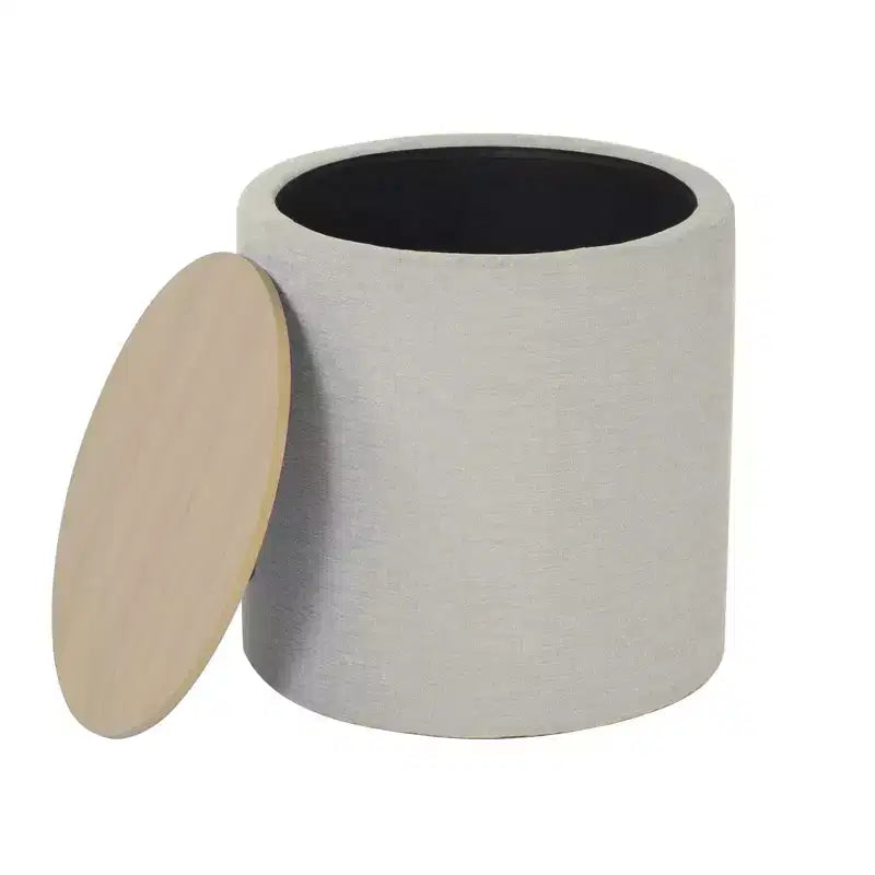 Pouf Contenitore con Piano in Legno Grigio Chiaro: Rivestito, Rotondo, Imbottito, Struttura in Legno