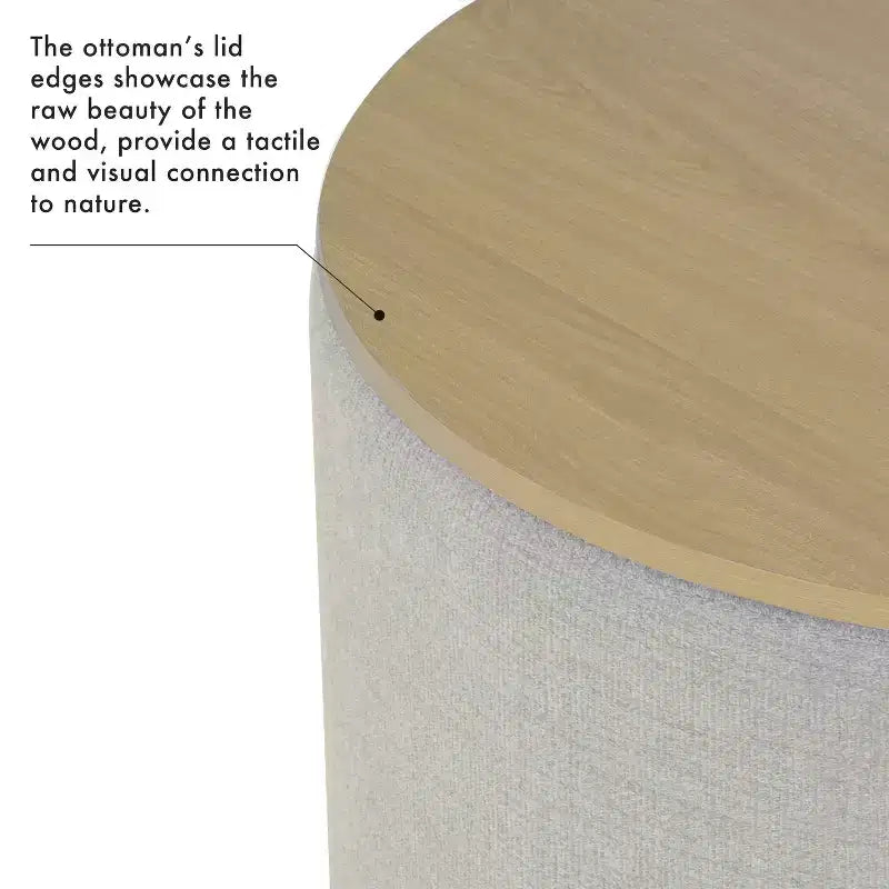 Pouf Contenitore con Piano in Legno Grigio Chiaro: Rivestito, Rotondo, Imbottito, Struttura in Legno