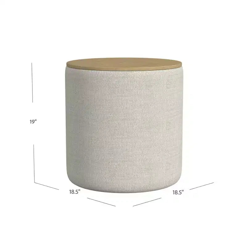 Pouf Contenitore con Piano in Legno Grigio Chiaro: Rivestito, Rotondo, Imbottito, Struttura in Legno