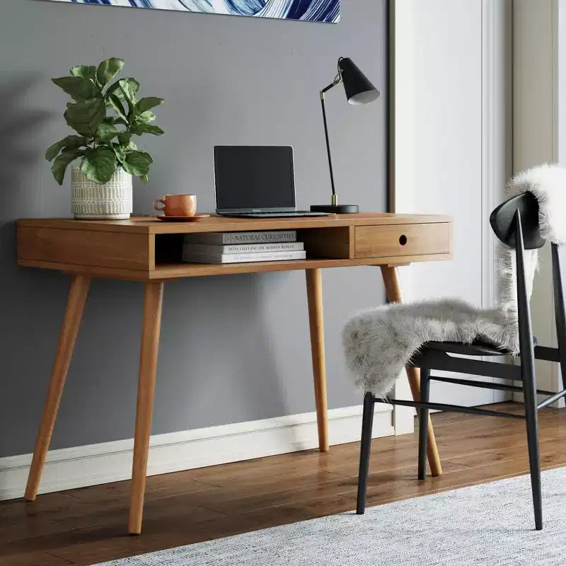 Scrivania Mid-Century con Cassetto Acacia Marrone Chiaro: Piano in MDF, Gambe in Legno Massello, Mobili per Ufficio Domestico