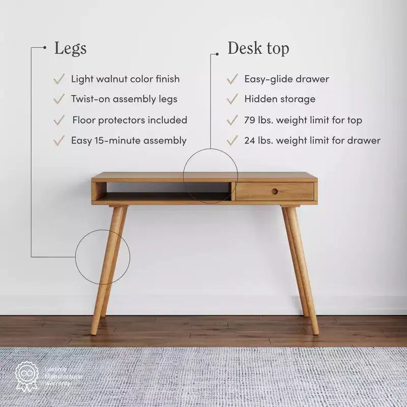 Scrivania Mid-Century con Cassetto Acacia Marrone Chiaro: Piano in MDF, Gambe in Legno Massello, Mobili per Ufficio Domestico