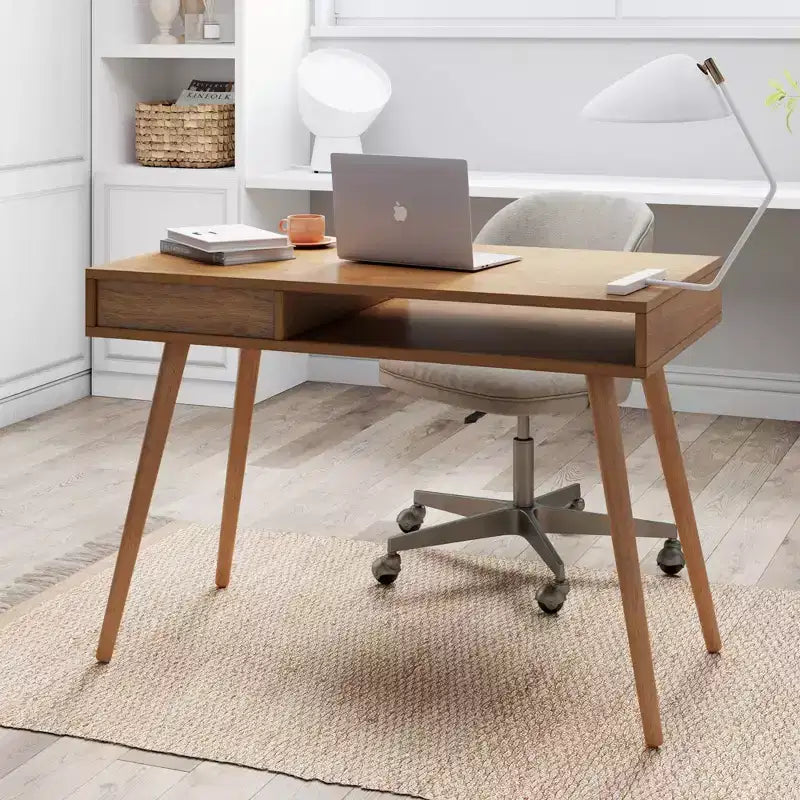 Scrivania Mid-Century con Cassetto Acacia Marrone Chiaro: Piano in MDF, Gambe in Legno Massello, Mobili per Ufficio Domestico
