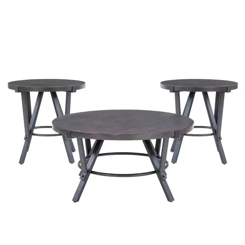 Powell 3pc Galway Wood Top and Charcoal Gray Metal Round Coffee and Side Table Set Charcoal Brown: Rustic Living Room Furniture Set