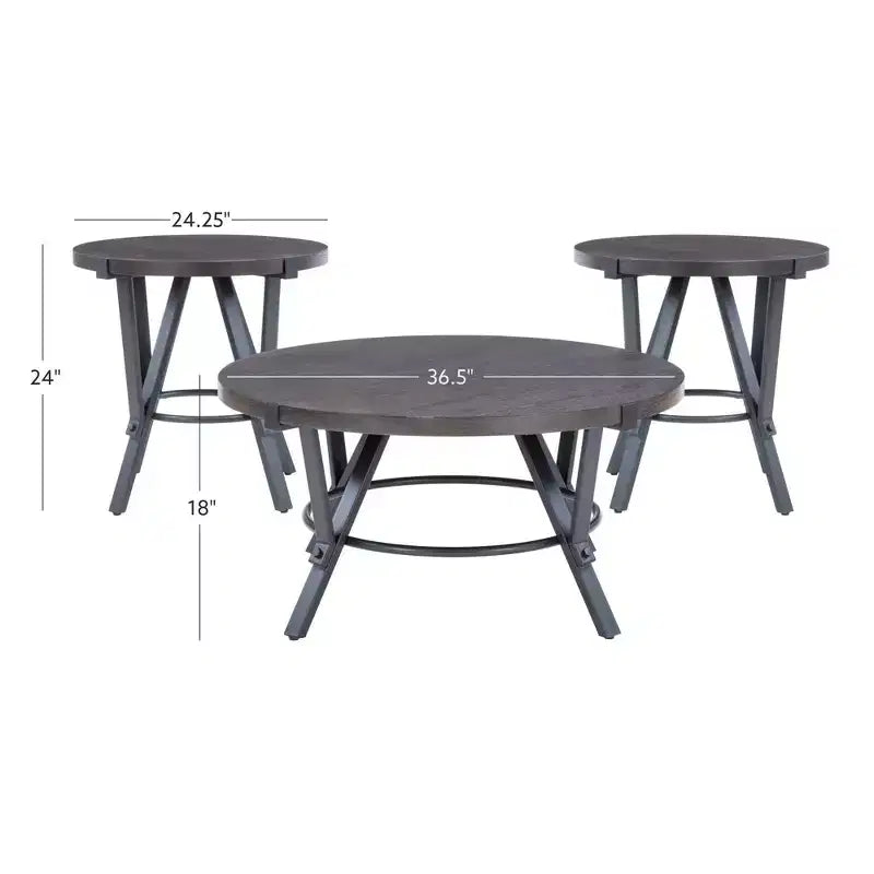 Tavolini da caffè e laterali rotondi con ripiano in legno e struttura in metallo grigio carbone Marrone carbone: Mobili rustici per soggiorno