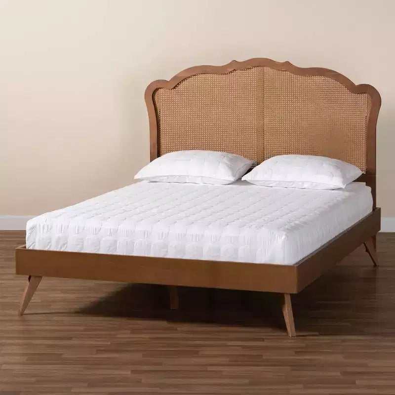 Letto a piattaforma Queen in legno e rattan, marrone noce