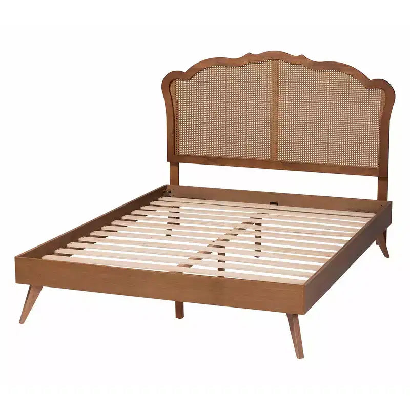 Letto a piattaforma Queen in legno e rattan, marrone noce