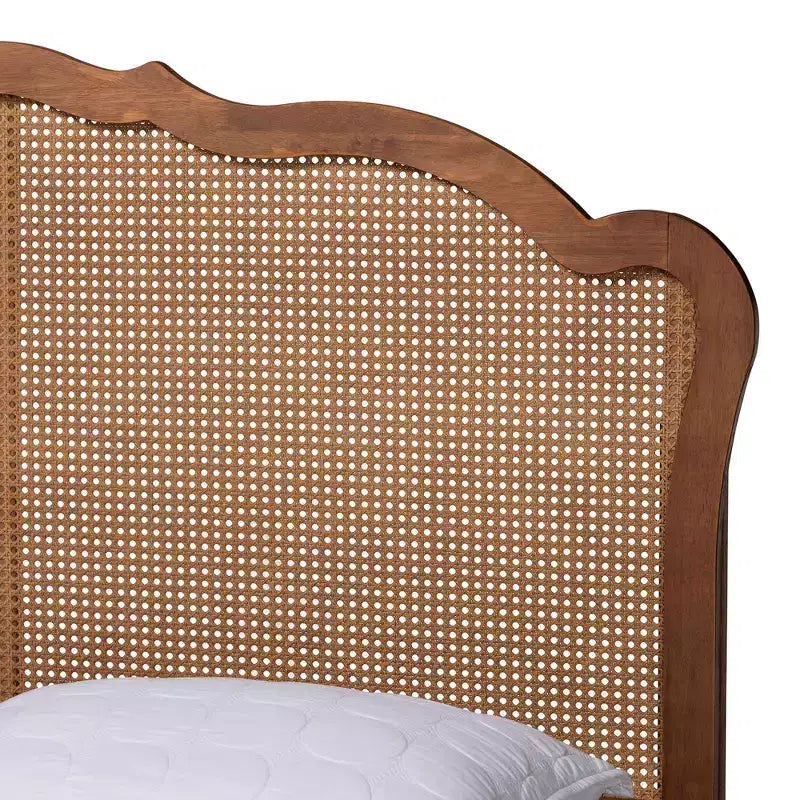 Letto a piattaforma Queen in legno e rattan, marrone noce