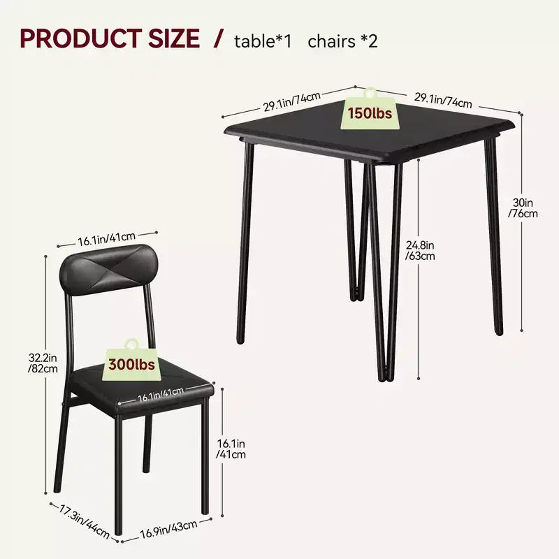 Tavolo da pranzo piccolo per 2 persone, set da 3 pezzi per cucina/bar/dinette quadrata, con sedie imbottite in PU
