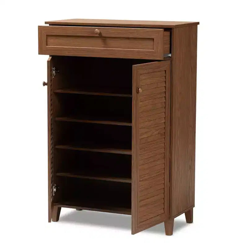 Scarpiera in legno con ripiani e cassetto