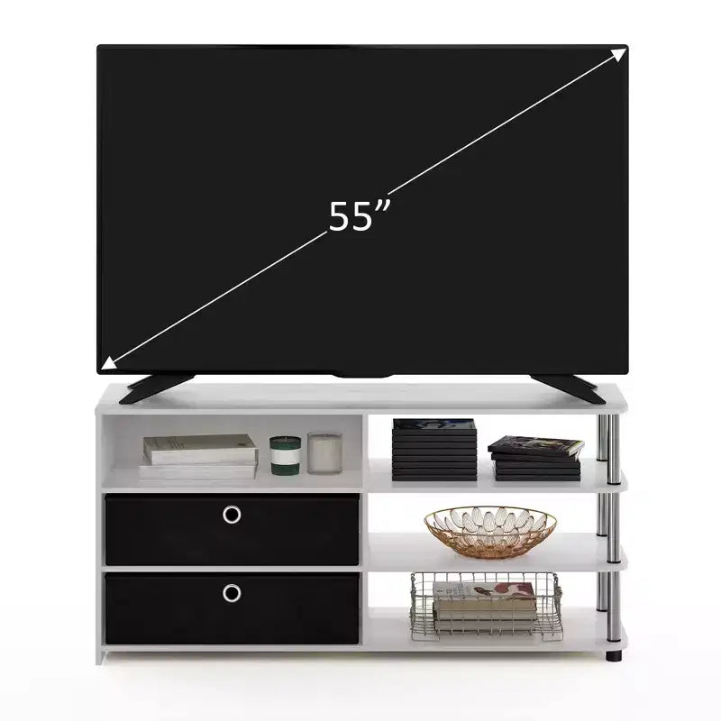 Mobile TV dal design semplice, porta TV fino a 50 pollici con ripiani e 2 contenitori, Rovere Bianco