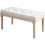 Panca francese vintage da fondo letto, panca imbottita in lino con seduta spessa e gambe in legno, panca capitonné per camera da letto