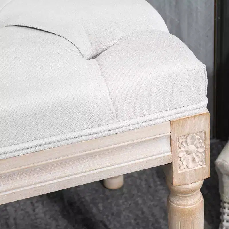 Panca francese vintage da fondo letto, panca imbottita in lino con seduta spessa e gambe in legno, panca capitonné per camera da letto