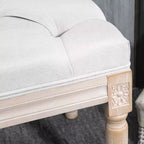 Panca francese vintage da fondo letto, panca imbottita in lino con seduta spessa e gambe in legno, panca capitonné per camera da letto